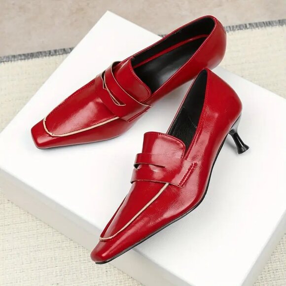 Red Square Toe Kitten Heel Pumps Shoes 9.5 - Picture 3 of 4